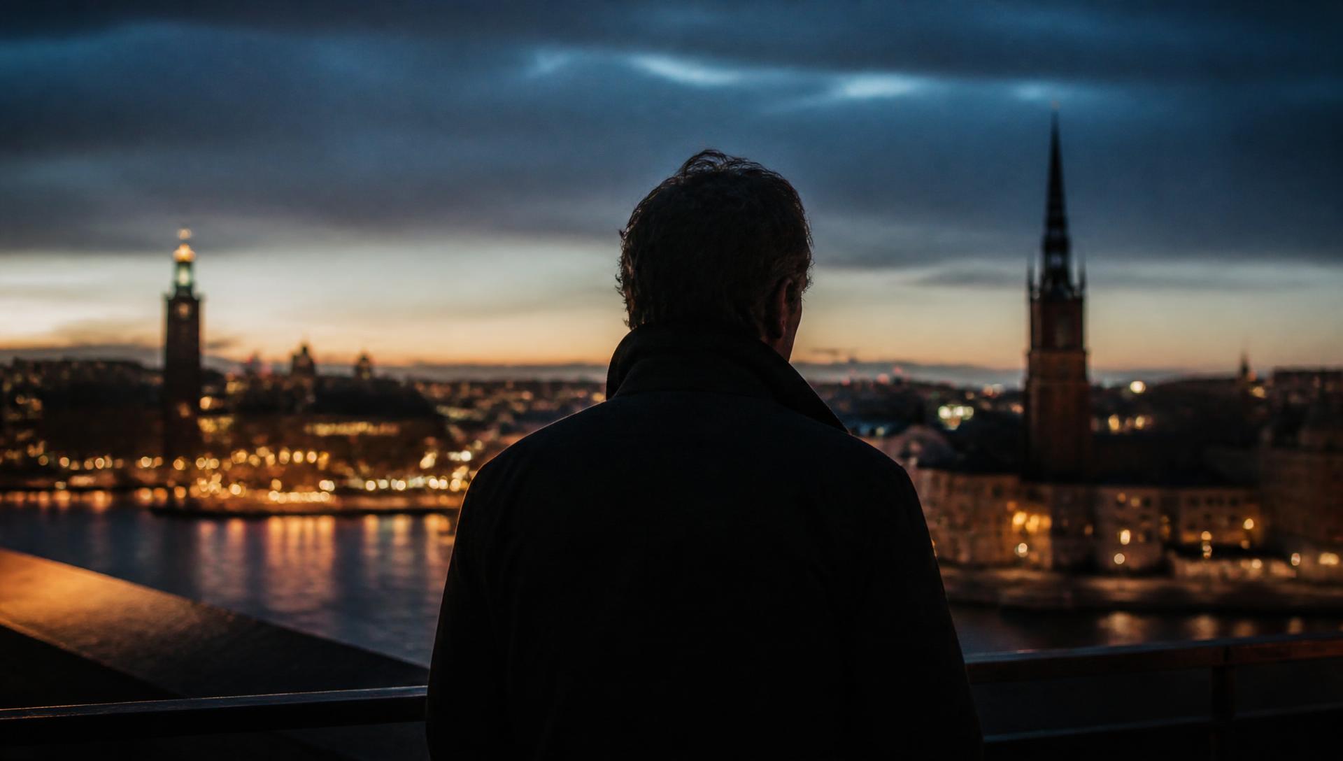 Man som blickar ut över Stockholms silhuett i skymningen